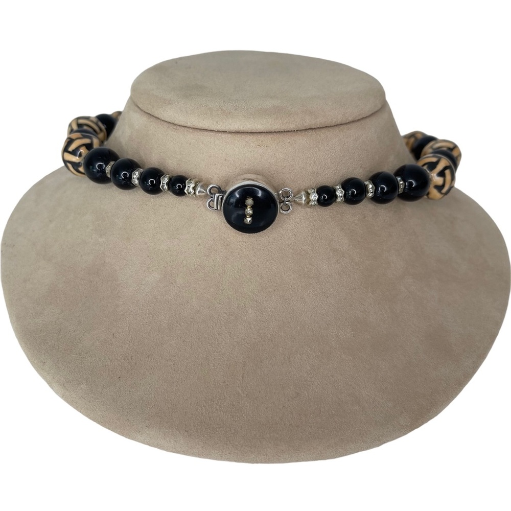 Basket Weave Beads, Black Onxy, Sterling Silver & Swarovski Crystal Necklace - Picture 3 of 6